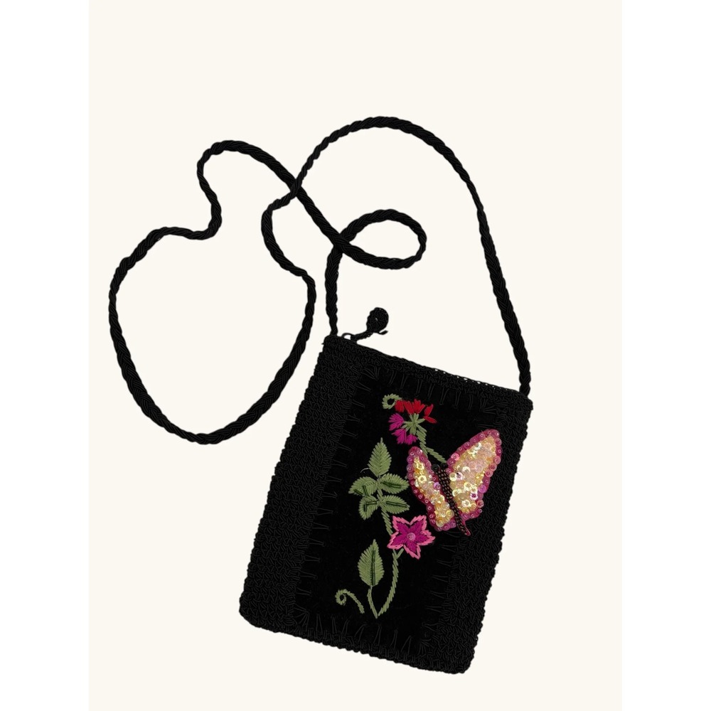 Black Crochet Crossbody Bag Embroidered Butterfly Floral Sequin Small Pouch